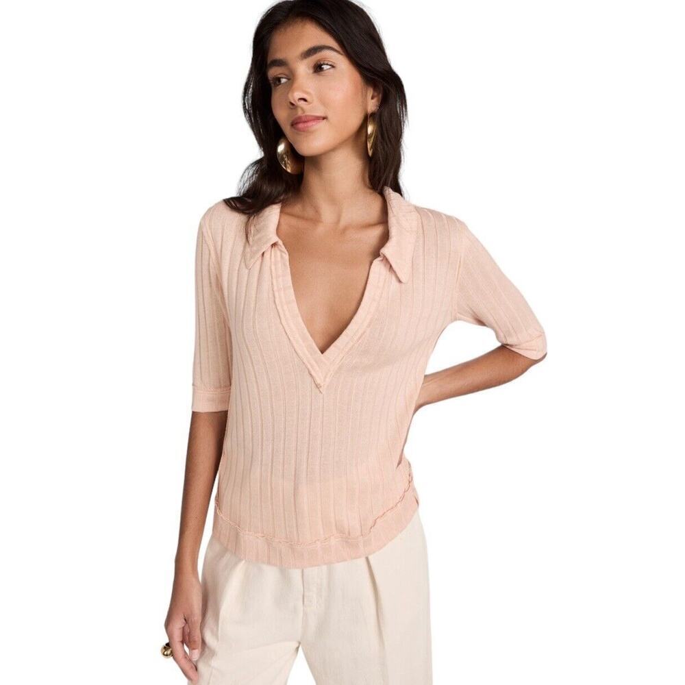 Free People Krystal Polo Knit Shirt Women S‎ Peach Pink Collared Ribbed V Neck